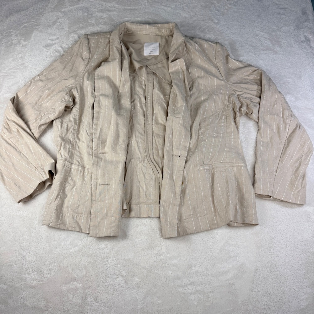 LC Lauren Conrad Linen Blazer Womens XXL Tan Pinstripe Old Money Double Breasted